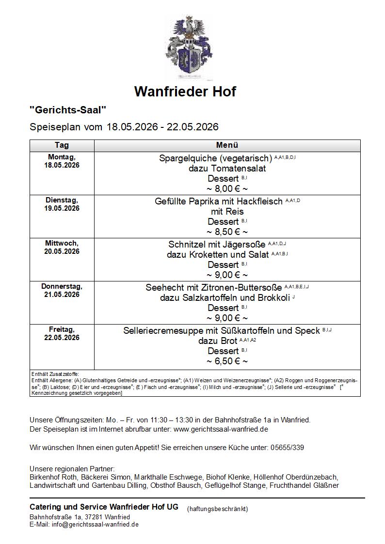 Speisekarte Gerichtssaal in Wanfried