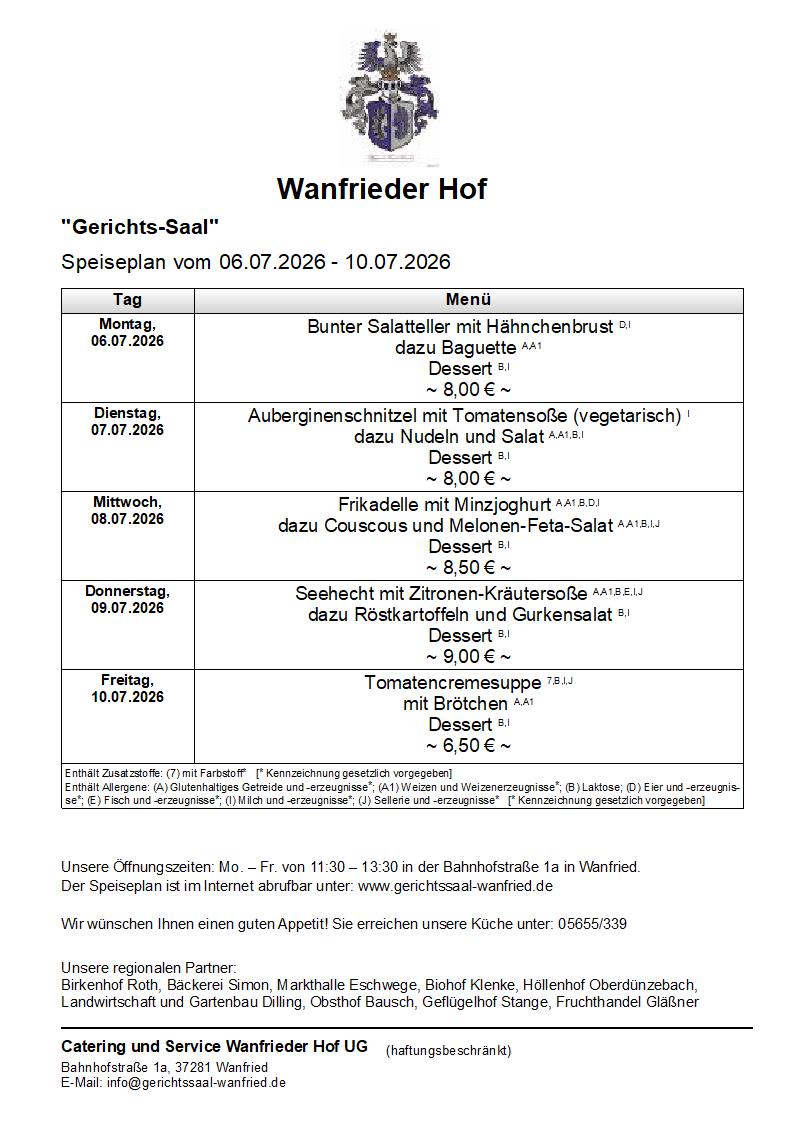 Speisekarte Gerichtssaal in Wanfried